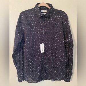 NWT Richard James: Mens Navy Long Sleeve Dress Shirt with White Swirl Pattern